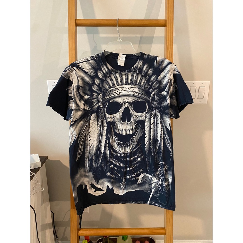 Vintage‎ AOP Native American Skull Graphic T-Shirt Men's Size Medium Black Y2K